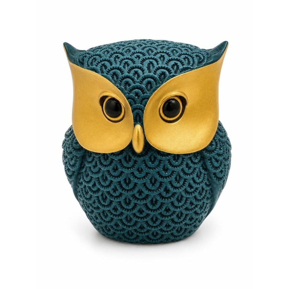 Modern Decorative Owl Figurine Set Cream Blue Gold Textured Boho Home Decor 2pc - Picture 3 of 4